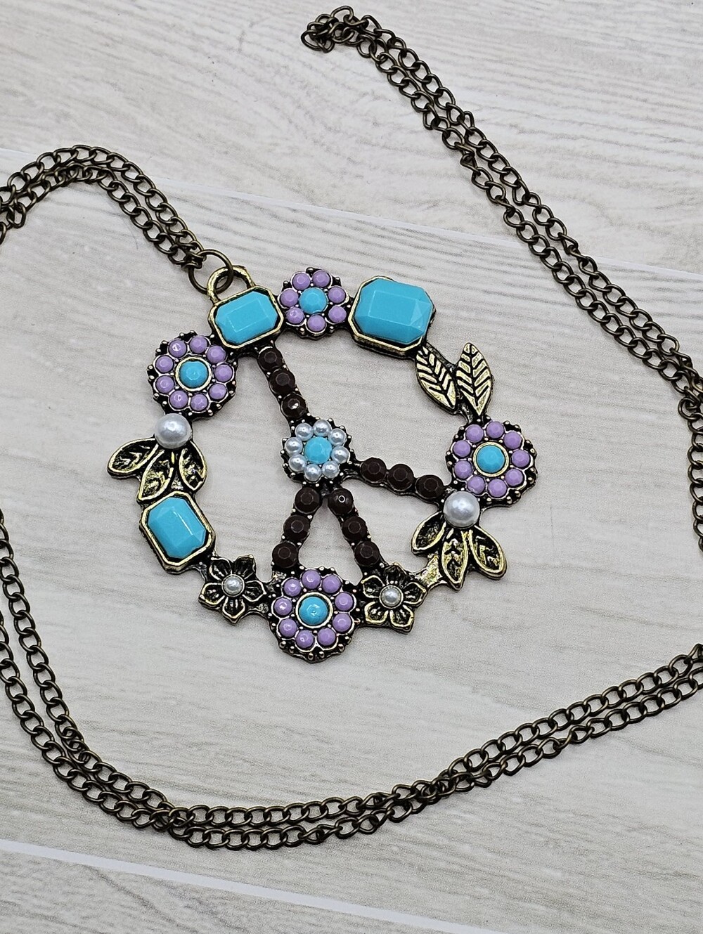 Peace Sign Flower Necklace Beaded Faux Pearl